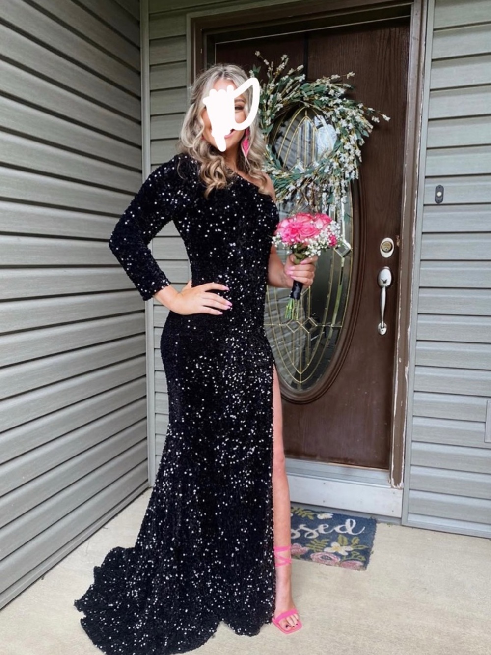 Portia and Scarlett Black Sequin One-Shoulder Evening Gown